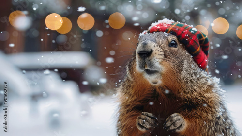 A groundhog in a checkered green and red hat stands on its hind legs in the middle of a winter landscape under falling snowflakes.