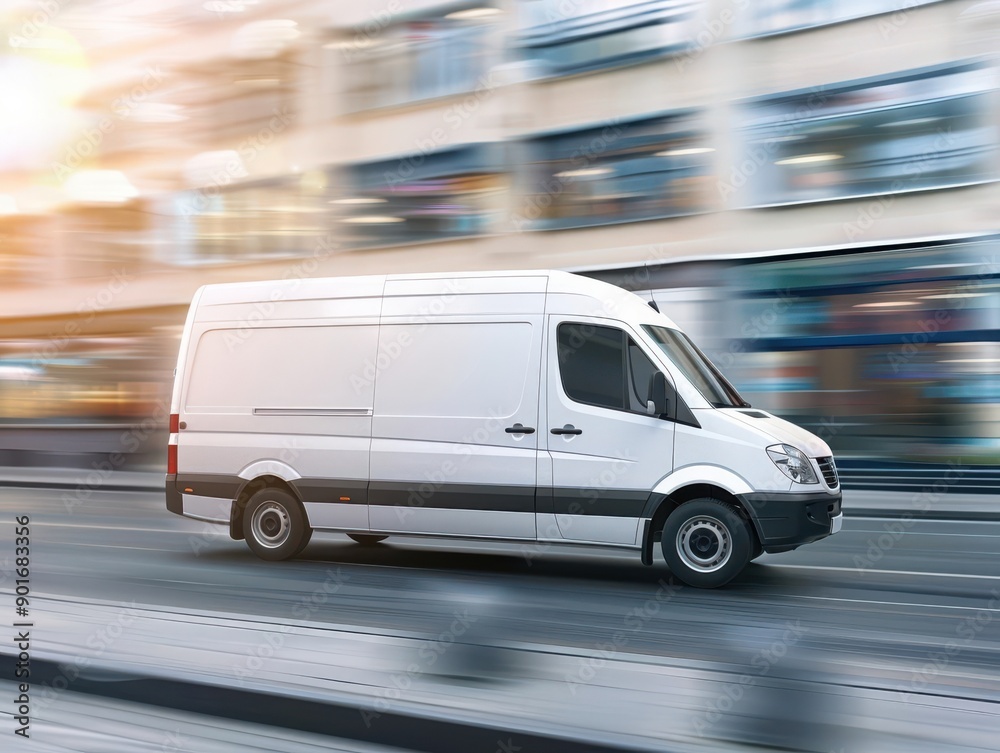 A white delivery van speeding through a city street, showcasing motion blur. Ideal for transport, logistics, and delivery themes. A white delivery van speeding through a city street, showcasing motion blur. Ideal for transport, logistics, and delivery themes.