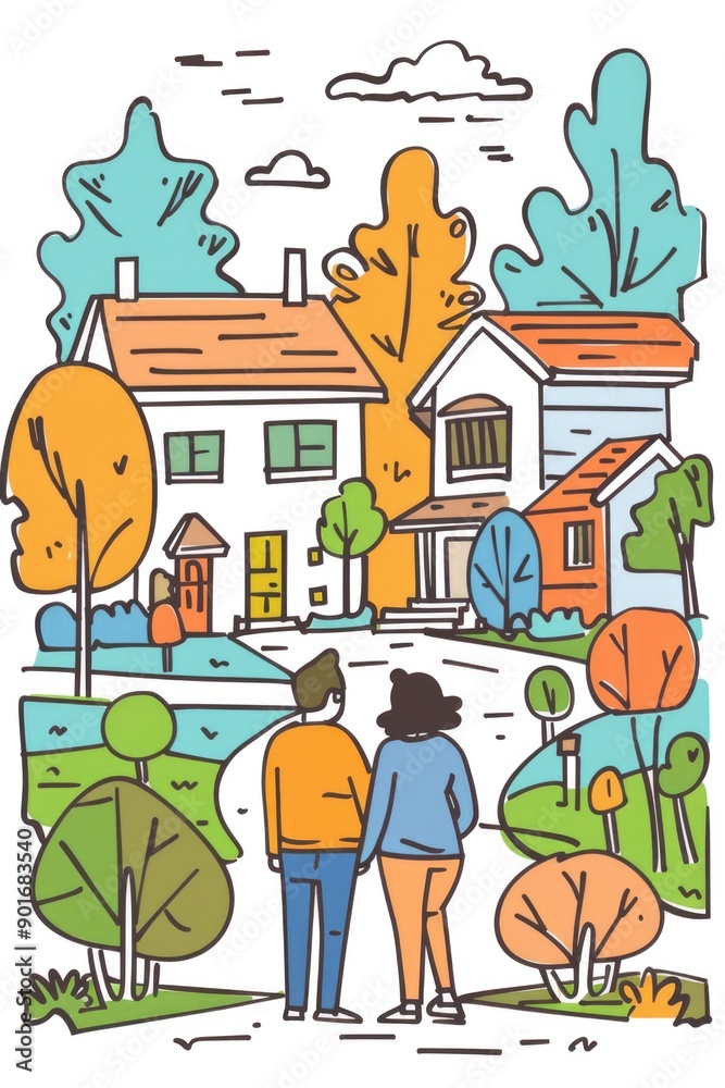 Fototapeta premium A couple is walking down a street in front of a house. The house is white with a red roof. The couple is holding hands and walking together