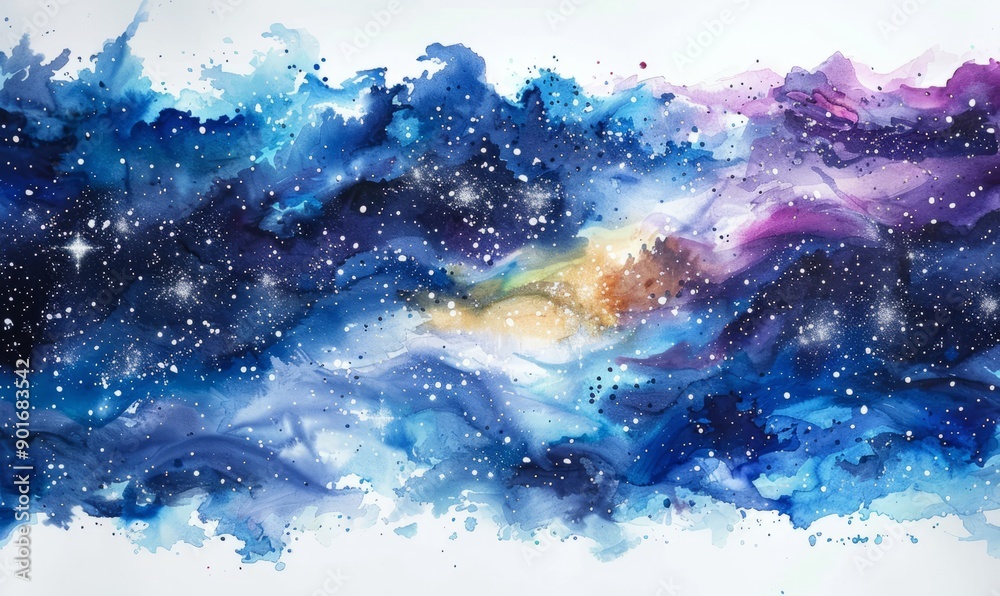 Fototapeta premium Abstract starry night sky in watercolor on a white canvas.