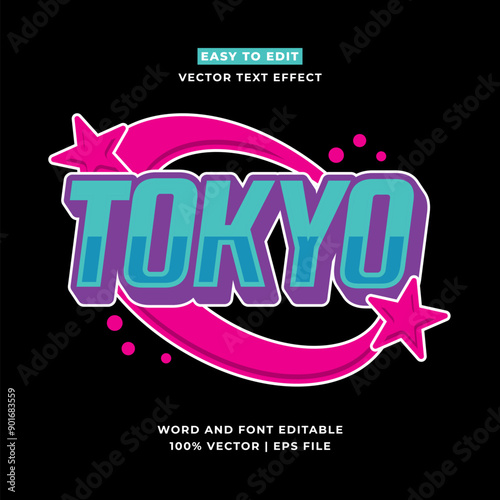 Retro Tokyo Japan 3D vector cartoon style editable text effect. Vector logo icon