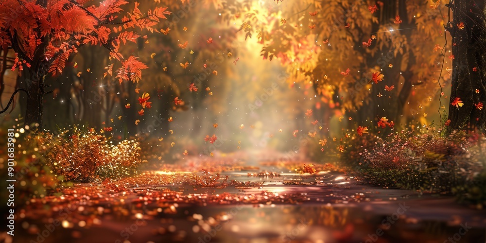 Fototapeta premium Enchanted Autumn Forest Zoom Background. Tranquil nature scene
