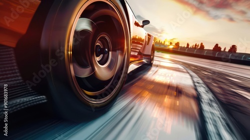 Dynamic close-up of a racing car wheel in motion, capturing speed and power against a vibrant sunset backdrop.