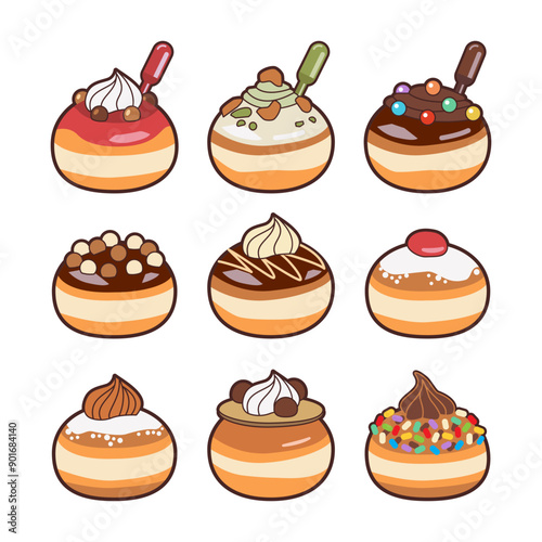 Set of Hanukkah doughnuts, donuts (sufganiyot) with editable top decorations. Traditional food for Jewish Holiday Hanukkah