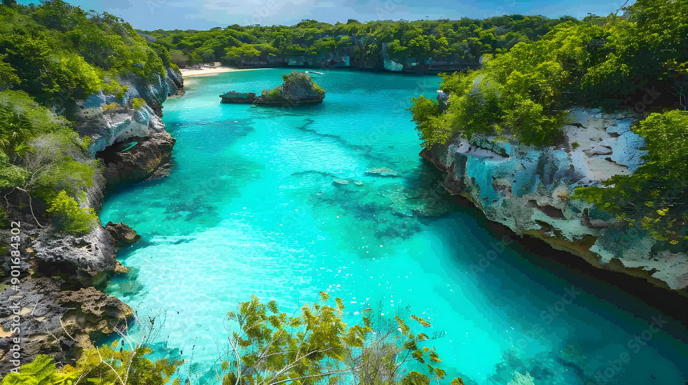A tranquil secluded lagoon with stunning turquoise water, surrounded by lush greenery in raw style. A tranquil secluded lagoon with stunning turquoise water, surrounded by lush greenery in raw style.