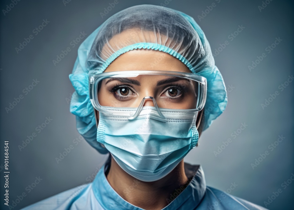 Portrait of a female surgeon wearing surgical suit, face mask and protective glasses. Generative AI. Portrait of a female surgeon wearing surgical suit, face mask and protective glasses. Generative AI.
