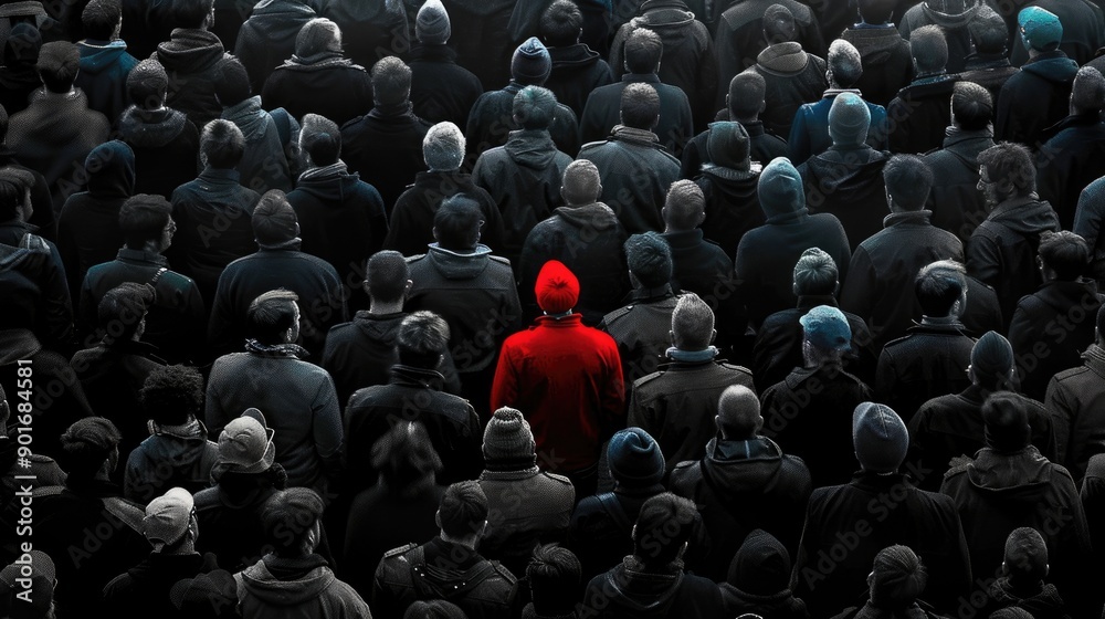 Obraz premium Gray crowd with one red silhouette standing out, illustrating the concept of individuality, uniqueness, and leadership