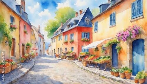 European village with cobblestone streets and colorful houses