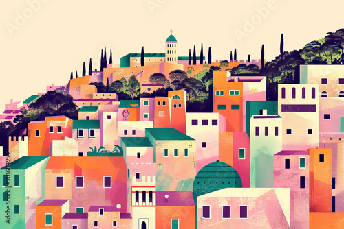 Wallpaper Mural Risograph vibrant riso print travel poster, card, wallpaper or banner illustration, modern, isolated, clear, simple of Haifa, Israel. Artistic, screen printing, stencil Torontodigital.ca
