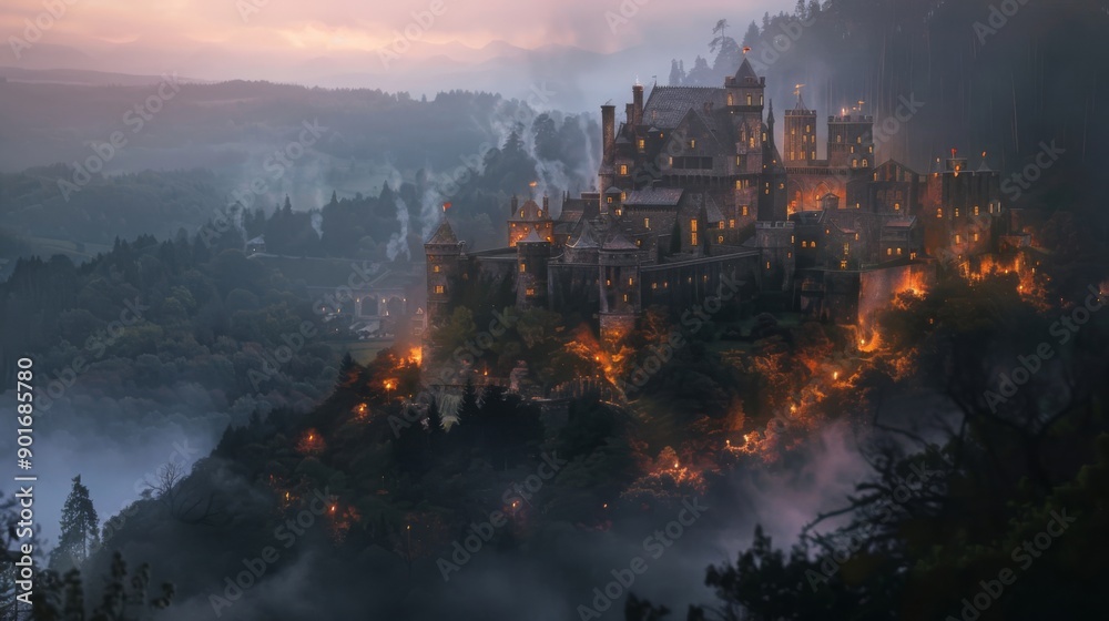 Majestic medieval castle on a foggy hillside, illuminated by firelight at dawn, surrounded by dense forest and mist, creating an enchanting view.