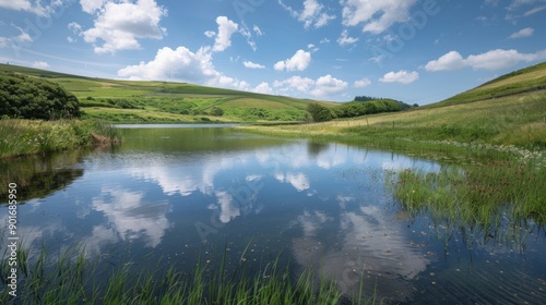 Serene lake reflecting bright clouds in green hills. Discover tranquil water and blue skies. Nature at its most peaceful. Rural escape.