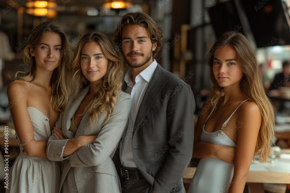 A group of people posing for a photo, including a man in a suit A group of people posing for a photo, including a man in a suit