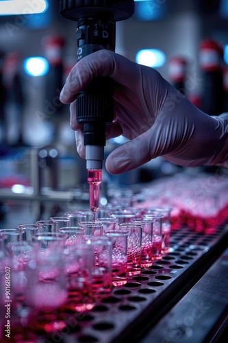 A person is filling up a row of pink test tubes with a liquid
