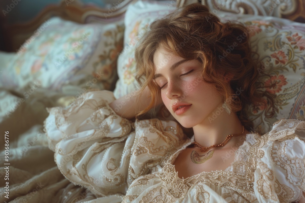 A woman in a white dress is sleeping on a bed A woman in a white dress is sleeping on a bed