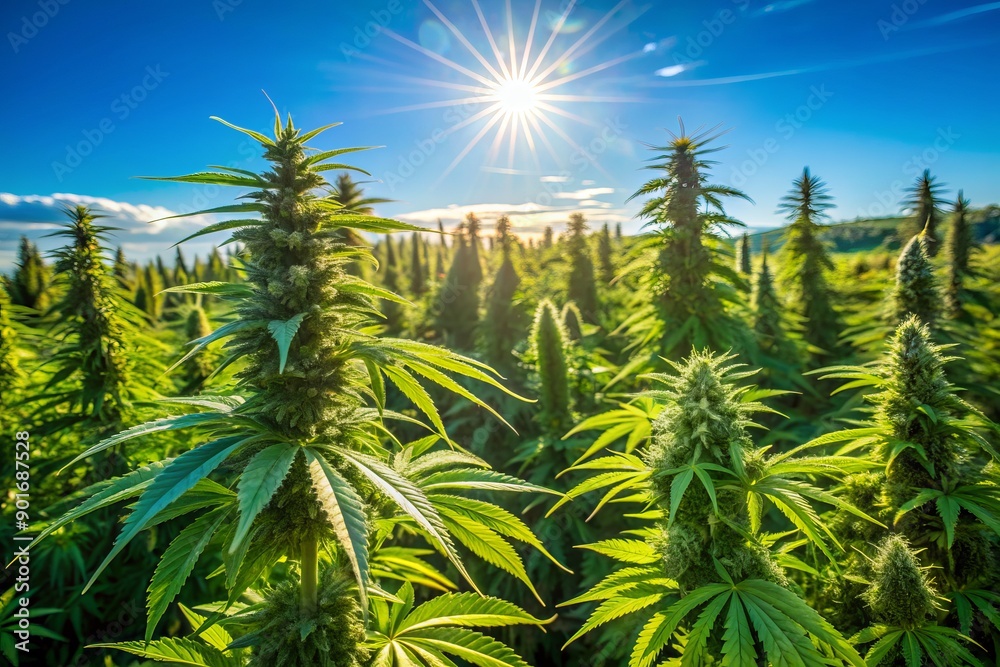Lush green cannabis plants on a sunny farm, with thick flowering colas of mature buds, densely packed with sparkling trichomes, under a clear blue sky. Lush green cannabis plants on a sunny farm, with thick flowering colas of mature buds, densely packed with sparkling trichomes, under a clear blue sky.