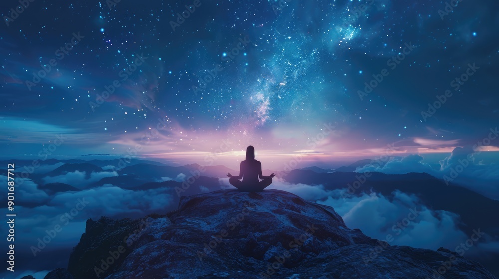 Serene Meditation Under Starry Sky on Mountain Summit