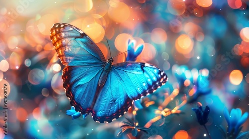 Blue butterfly hovering over flowers with vibrant bokeh effect in background exuding a dreamy and magical ambiance. Captures the beauty of nature. © Tatyana
