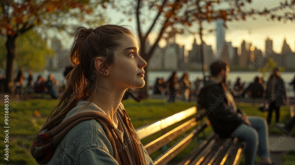 Fototapeta premium Girl sitting on park bench in city at sunset, skyline in background, peaceful atmosphere with autumn colors, serene moment in urban life