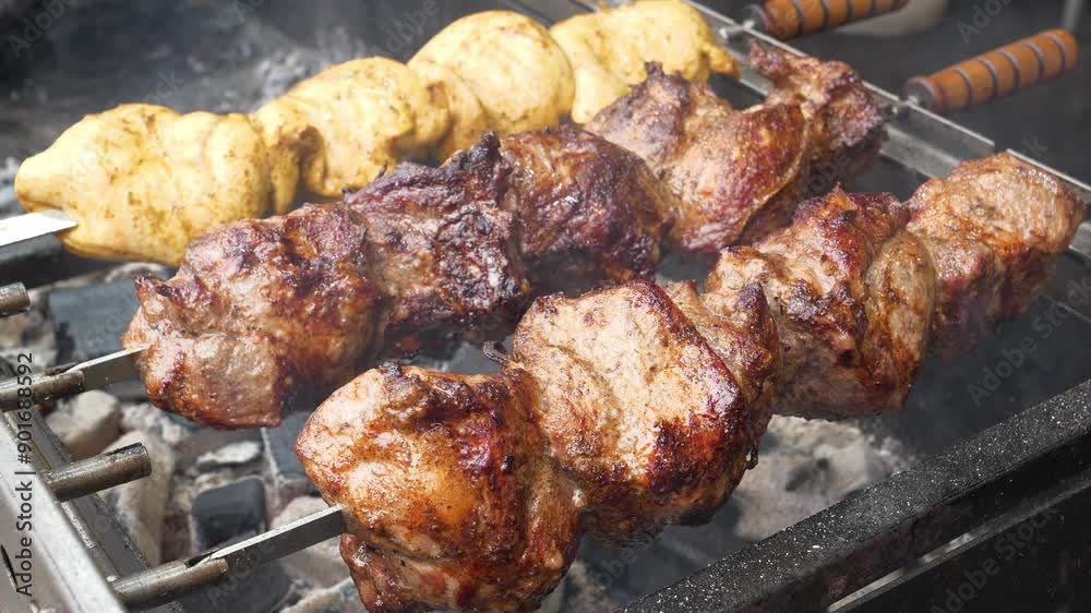 Three kebabs of different meats are rotating on spits Three kebabs of different meats are rotating on spits