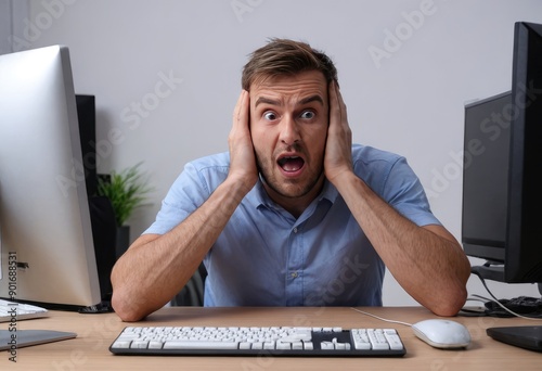 Stressed businessman sitting at his desk in an office, having a headache