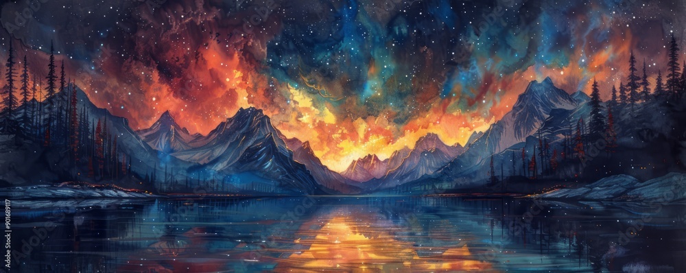 Fototapeta premium Watercolor abstract aurora borealis over snowy peaks.