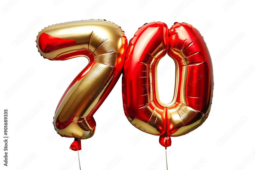Fototapeta premium 70 number red golden ballon . Seventy font balloon isolated on transparent background. Discount , sale , birthday, anniversary concept .PNG