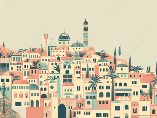 Risograph colorful riso print travel poster, card, wallpaper or banner illustration, modern, isolated, clear, simple of Jericho, Palestine