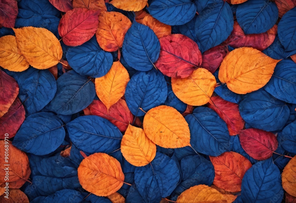 Fototapeta premium Colorful autumn leaves background. Red, orange and blue leaves.