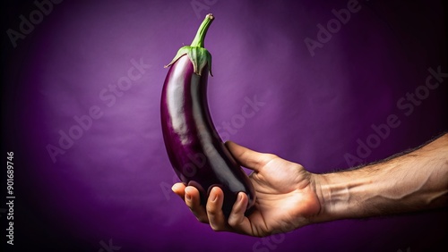 Close-up of a masculine hand gently grasping a long, curved eggplant, symbolizing virility, set against a rich, velvety purple studio background, exuding sensuality.