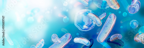 3D probiotic medical background, microbiology microbiota bacillus blue banner microflora render. Health digestive care bacterial microorganism concept, salmonella microscope germ. 3D probiotic design