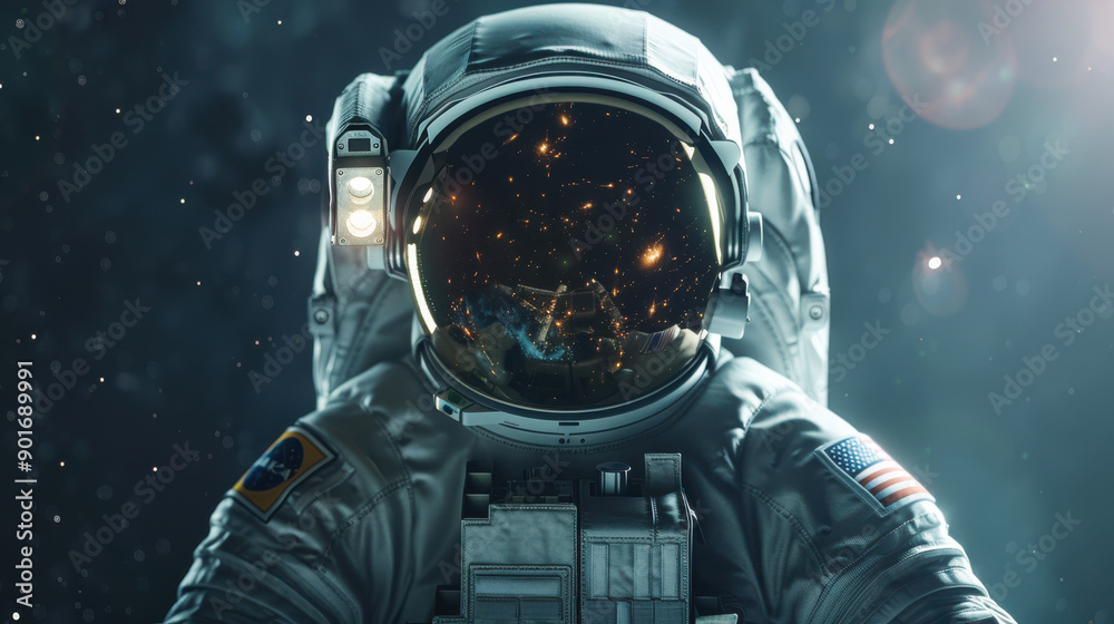 A high-definition photograph of an astronaut performing a spacewalk, detailed spacesuit with reflections of stars and Earth in the visor, floating near the International Space Station