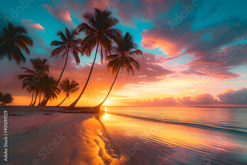 Vivid, colorful sunset casts its glow on a tropical island beach lined with swaying coconut palm trees, painting a serene and picturesque scene