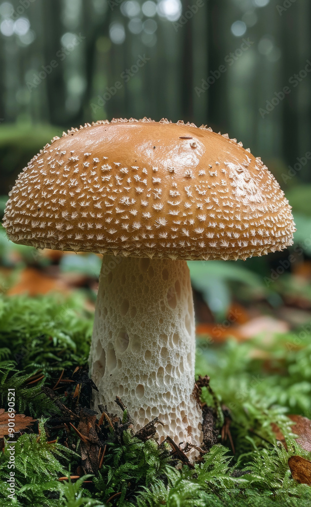 Brown Mushroom With White Spots in Forest. A brown mushroom with white spots grows in a bed of moss and leaves, with a blurred forest background. Brown Mushroom With White Spots in Forest. A brown mushroom with white spots grows in a bed of moss and leaves, with a blurred forest background.