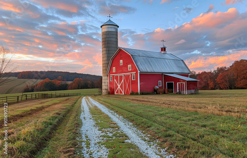 Red Barn and Silo at Sunset. A red barn and silo stand in a field at sunset. The sky is filled with clouds in shades of pink and orange photo