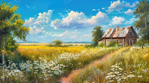 
Summer landscape of the Polish countryside Old wooden house surrounded by rice fields meadow and flowers