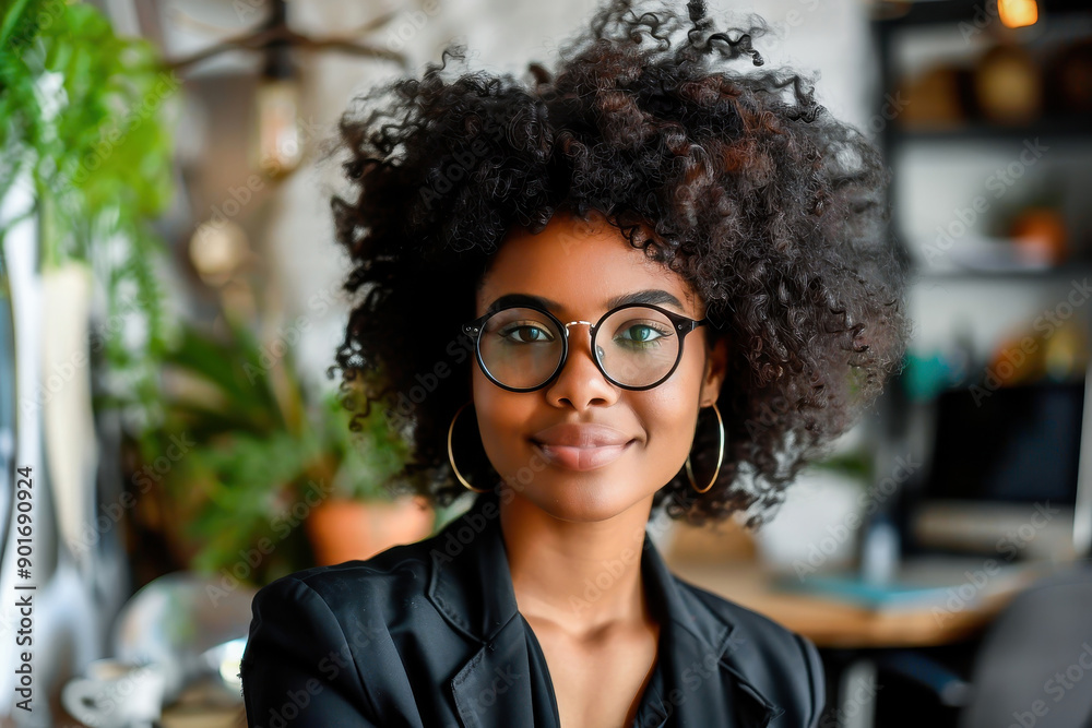 Portrait of a young woman with curly afro hair and glasses, smiling confidently in a modern office setting with a casual, friendly atmosphere. Portrait of a young woman with curly afro hair and glasses, smiling confidently in a modern office setting with a casual, friendly atmosphere.