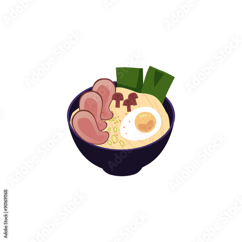 Noodles soup in bowl vector icon, Chinese pasta with meat, egg, mushrooms, celery, vegetable spices, Asian cuisine menu