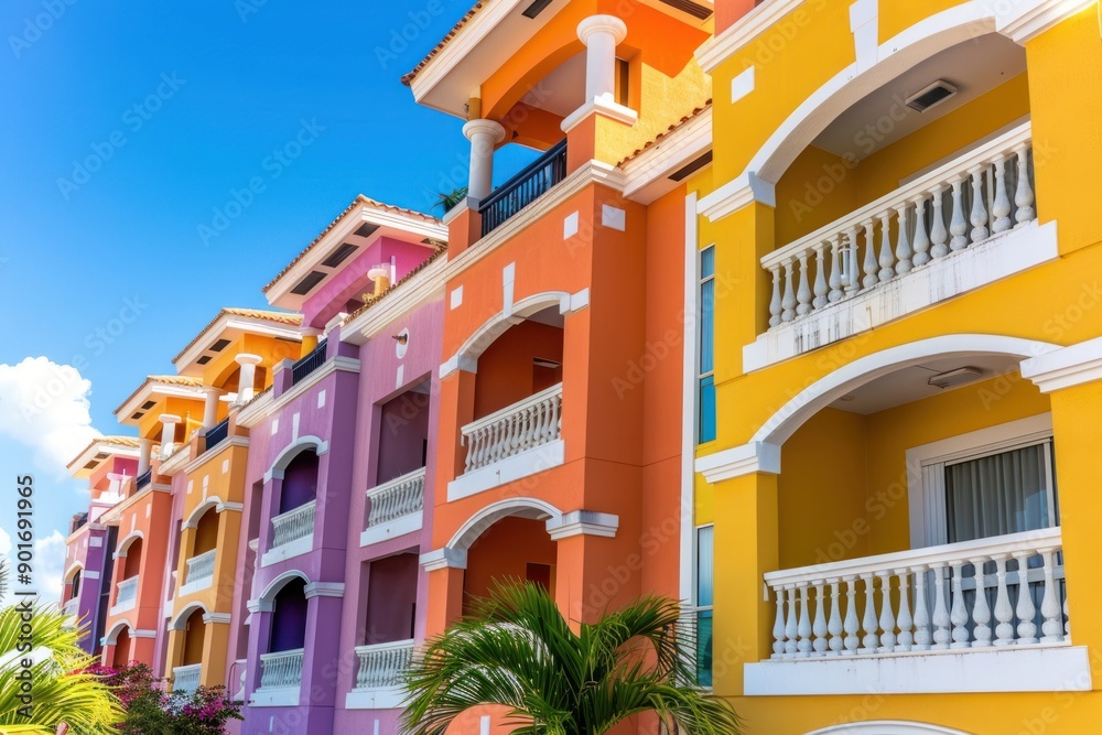 Naklejka premium Vivid condominium or hotel with balconies, colorful stucco finish traditional private townhouses