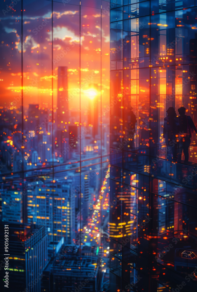 Naklejka premium City Skyline Sunset View. Silhouettes of two people stand on a skyscraper balcony, overlooking a cityscape bathed in the warm glow of sunset.