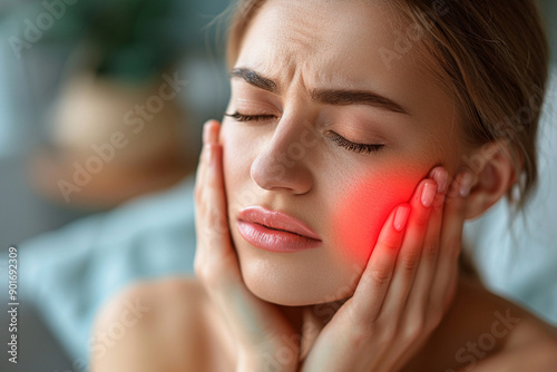 Young woman massaging her jaw, red highlighting jaw pain photo