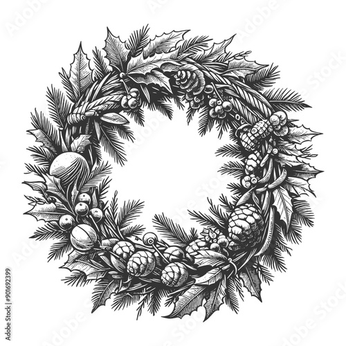 festive Christmas wreath adorned with ornaments, holly, and pinecones, perfect for holiday decor sketch engraving generative ai vector illustration. Scratch board imitation. Black and white image.