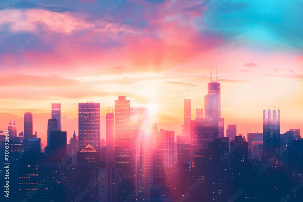 A vibrant city skyline at sunset, showcasing a blend of tall buildings illuminated by warm orange and pink hues, creating a stunning visual contrast with the sky A vibrant city skyline at sunset, showcasing a blend of tall buildings illuminated by warm orange and pink hues, creating a stunning visual contrast with the sky