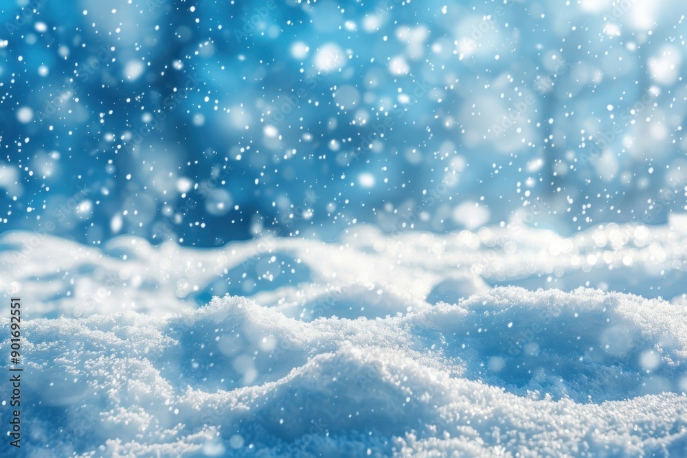 Fototapeta premium Winter snow background with snowdrifts, with beautiful light and snow flakes on the blue sky in the evening