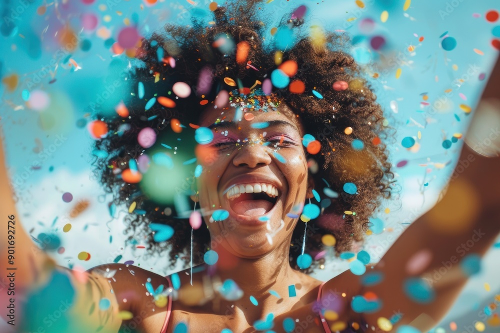 woman playfully throwing an array of bright confetti into the air, her laughter captured mid-moment, summer vibe woman playfully throwing an array of bright confetti into the air, her laughter captured mid-moment, summer vibe