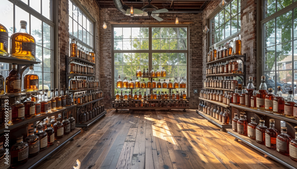 Fototapeta premium Whiskey Bottles Displayed In Brick Warehouse. Rows of whiskey bottles on shelves in a brick warehouse.