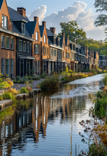 Row of Houses Reflecting in Canal. A row of houses with brick facades and black roofs line a canal, with their reflections visible in the water. © Vadim