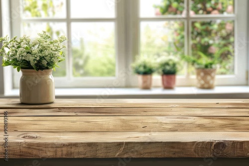 Wooden texture table top on blurred kitchen window background. Studio photo for product display