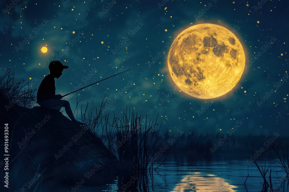 Fototapeta premium Young boy fishing silhouette with full moon at night