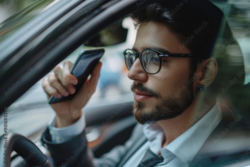 Young business working and call phone in car during travelling to office Young business working and call phone in car during travelling to office