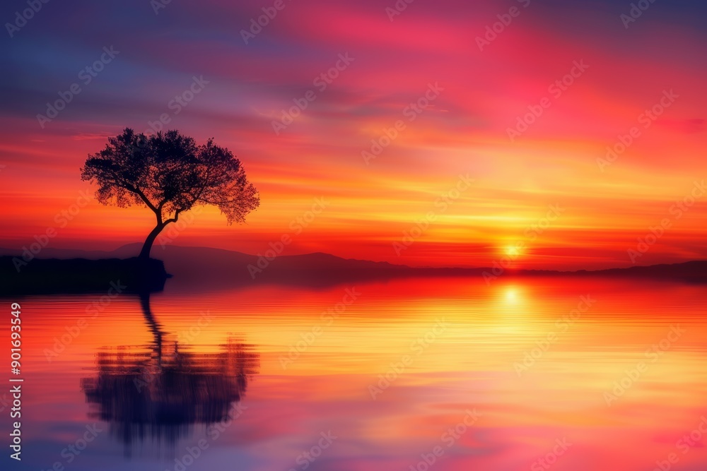 A serene sunset landscape featuring a solitary tree reflected on calm waters, illuminated by vibrant hues of orange, pink, and purple A serene sunset landscape featuring a solitary tree reflected on calm waters, illuminated by vibrant hues of orange, pink, and purple